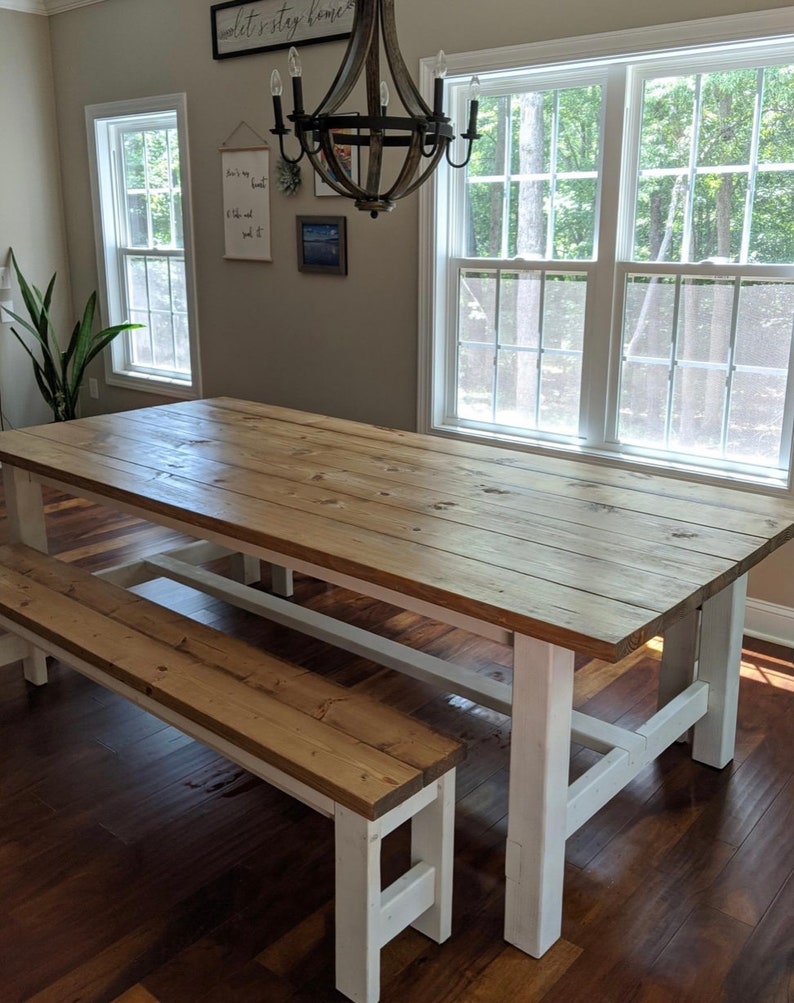 Farmhouse Table Set With Bench Seat, Handmade Dining Set, 8' Farmhouse
