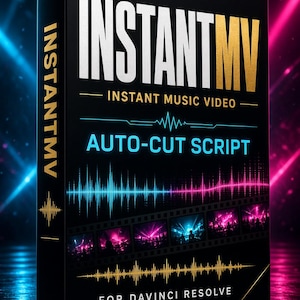 Puede incluir: Una caja de software rectangular negra con el texto INSTANTMV, INSTANT MUSIC VIDEO, AUTO-CUT SCRIPT y FOR DAVINCI RESOLVE. El diseño presenta letras blancas y doradas, un gráfico de onda sonora azul y rosa y una tira de película.