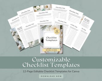 May include: A collection of white checklist templates with a minimalist design, arranged in a fan shape. The image includes the text "Checklist Templates" and "Editable in Canva". The background is a soft green color.
