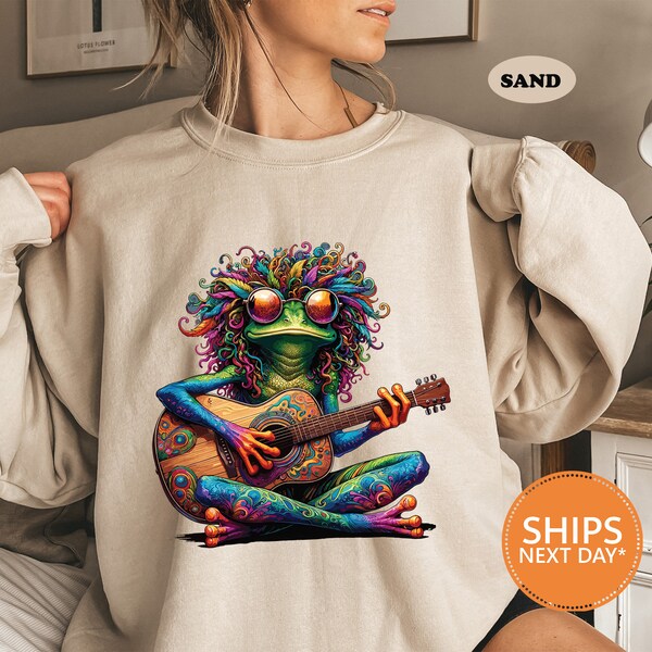 Hippie Frog Playing Guitar Sweatshirt | Hippie Crewneck | Hippie Frog Hoodie | Hippie Life Sweater | Frog Lover Gift | Bohemian Frog Hoodie