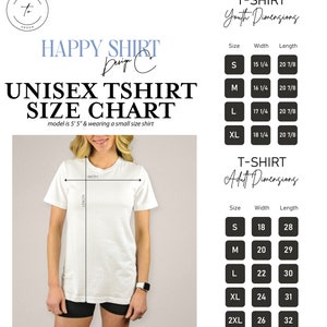 May include: Unisex t-shirt size chart with measurements in inches. The chart includes sizes for youth and adult t-shirts. The chart shows a model wearing a small size t-shirt.