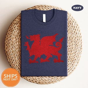 a navy blue shirt with a red dragon on it