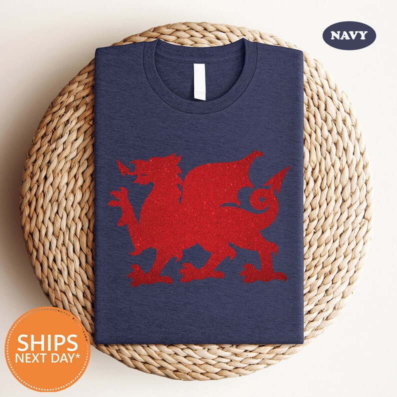 a navy blue shirt with a red dragon on it