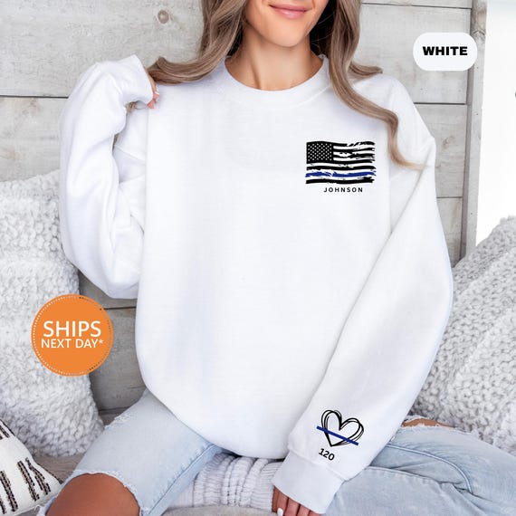 Custom Police Sweatshirt | Personalized Badge Number on Sleeve | Thin Blue Line Crewneck | Police Wife Girlfriend Hoodie | Police Mom Gifts