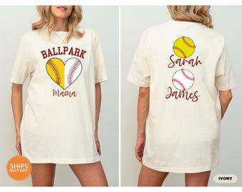Mom Of Both T-shirt | Comfort Colors Custom Baseball Softball Mom Shirt | Personalized Ballpark Mama Shirt Names on Back | Softball Mom Gift