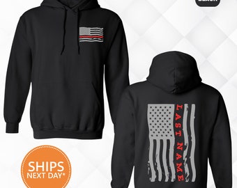 Custom Last Name Firefighter Sweatshirt | Thin Red Line Vertical Flag | Personalized Firefighter Crewneck | Custom Fireman Gift | USA Flag