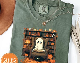 Ghost Reading Books Tshirt | Comfort Colors Librarian Ghost Shirt | Halloween Teacher Shirt | School Halloween Shirt | Boo Shirt | Ghost Tee