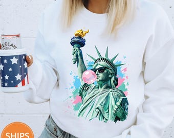 Statue of Liberty Blowing Bubble Gum Sweatshirt, Preppy 4th of July USA Graphic Pullover