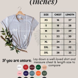 May include: V-neck t-shirt size chart in inches. The chart shows chest and length measurements for sizes XS to 3XL.  The chart is on a light brown background with a gray t-shirt in the upper left corner.