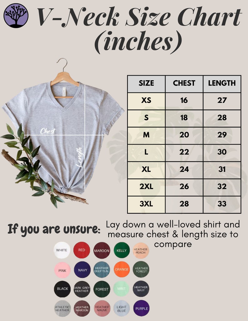 May include: V-neck t-shirt size chart in inches. The chart shows chest and length measurements for sizes XS to 3XL.  The chart is on a light brown background with a gray t-shirt in the upper left corner.