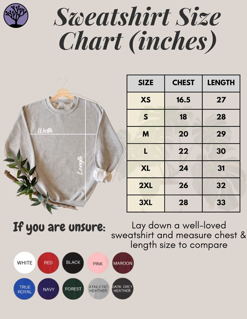 May include: A size chart for sweatshirts in inches. The chart shows the chest and length measurements for sizes XS to 3XL. The chart also includes a gray sweatshirt with measurements labeled "Width" and "Length".