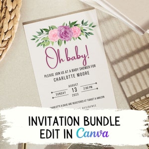 Paquete de plantillas de invitación para baby shower, edición en Canva, ducha personalizada, tarjeta de asesoramiento, anuncio de nacimiento, nota de agradecimiento con asistencia de diseño