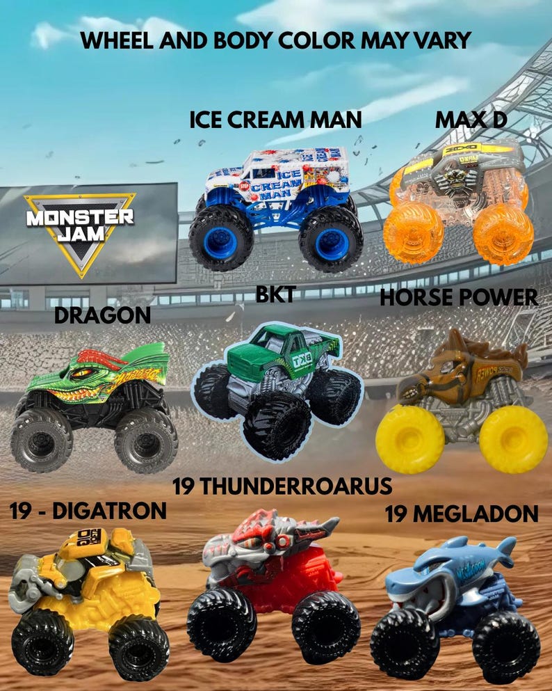 Pu&ograve; includere: Una collezione di monster truck Monster Jam, tra cui "Ice Cream Man", "Max D", "Dragon" e altri. Ogni camion presenta design e colori unici, con ruote grandi e grafica dettagliata. Il testo "Wheel and Body Color May Vary" &egrave; in alto.