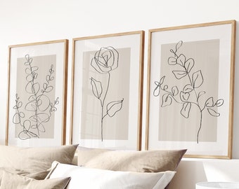 Floral & Botanical Beige Neutral Minimalist Line Art Wall Art Prints 3 Panel SET Posters Living Room Bedroom Office Home Décor Gift Leaves