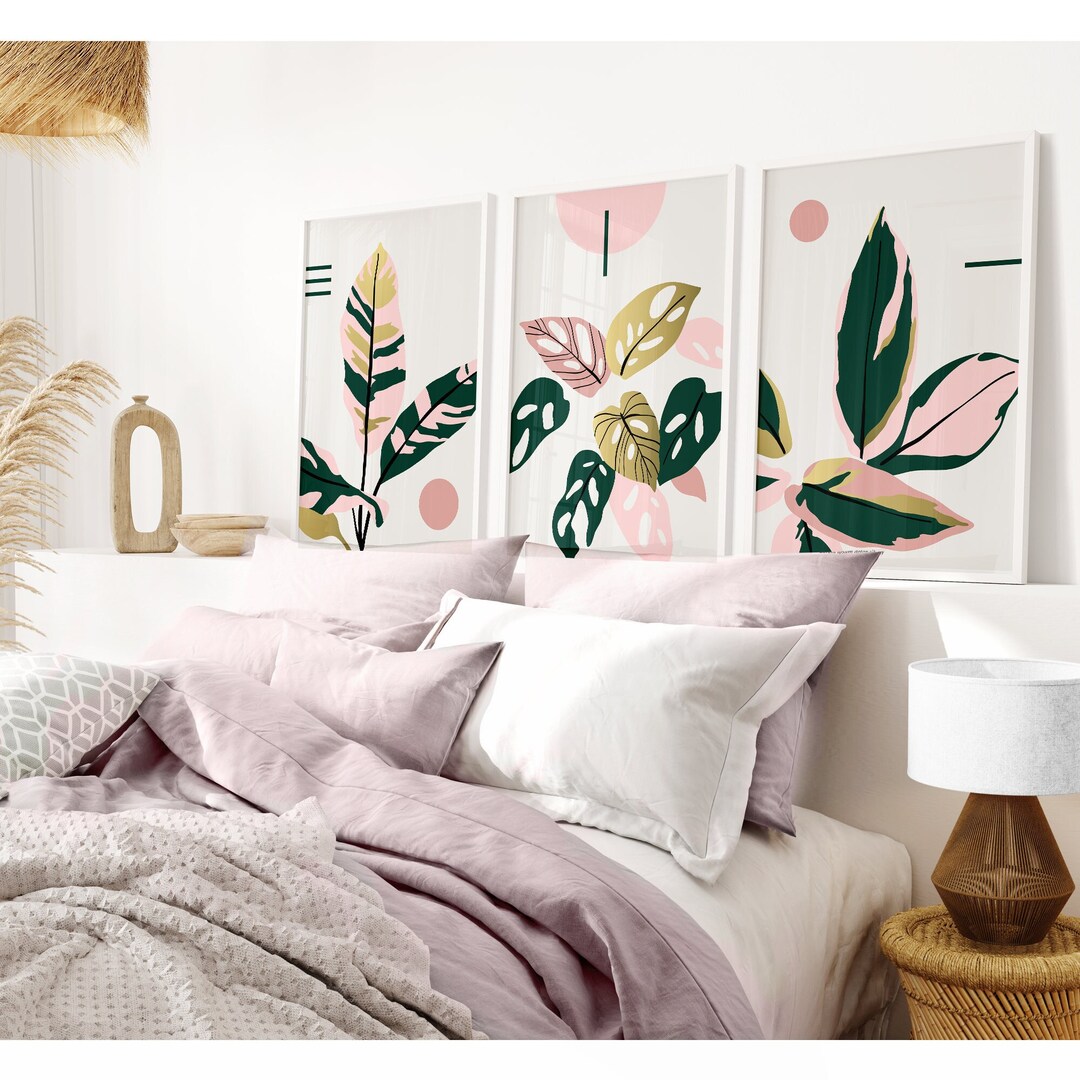 Botanical Wall Art Prints 3 Panel SET Pink Green Boho Leaves Bohemian ...