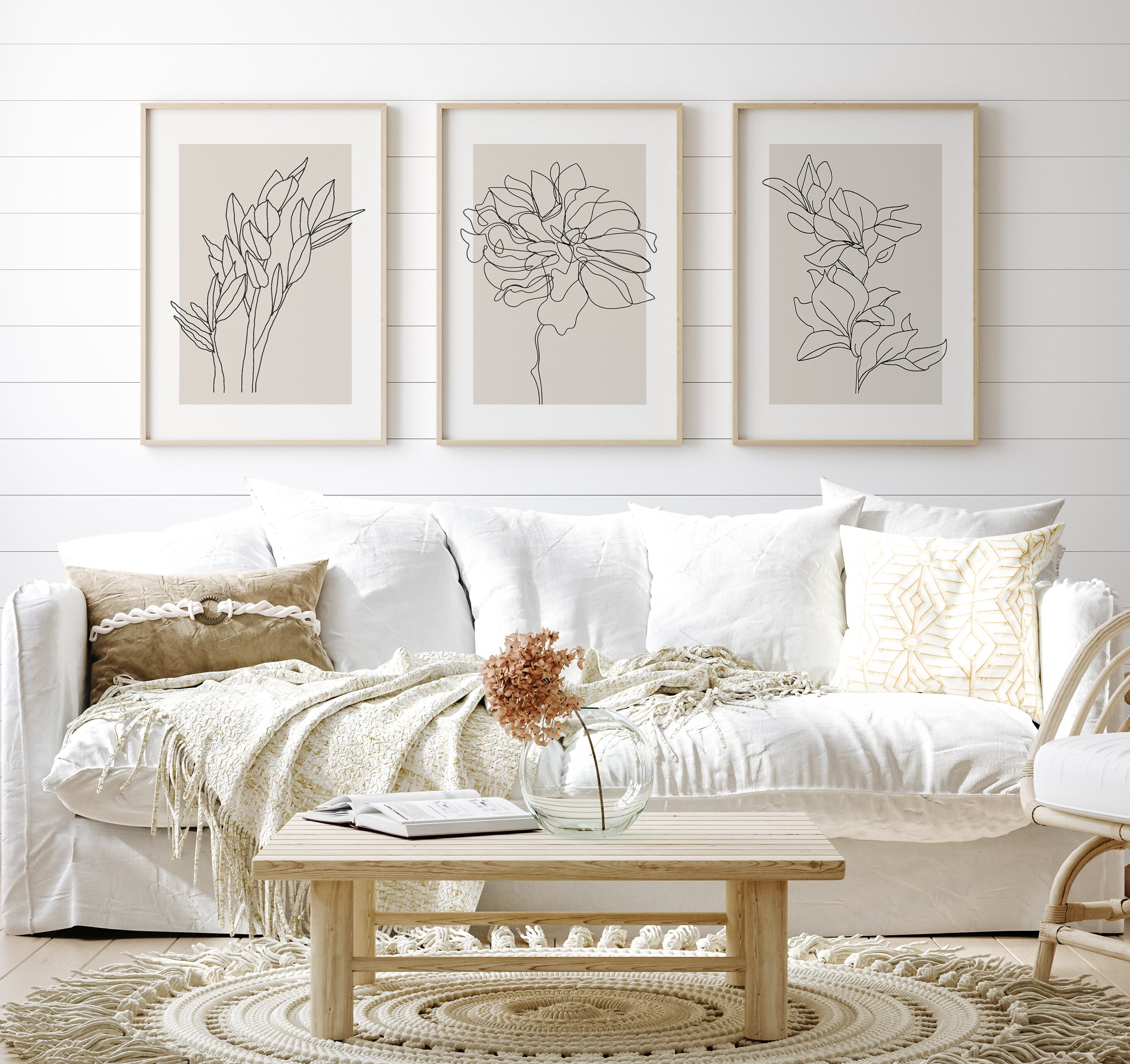Floral & Botanical Wall Art Prints 3 Panel SET Beige Neutral Bohemian ...