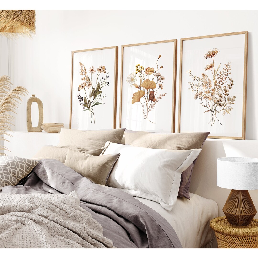 Watercolor Neutral Beige Botanical Wall Art Prints 3 Panel SET Leaves ...