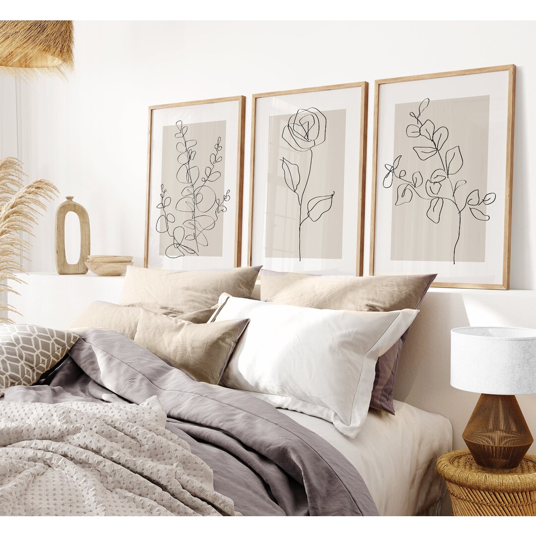 Floral & Botanical Beige Neutral Minimalist Line Art Wall Art Prints 3 ...