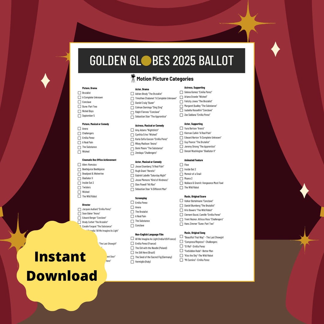 Golden Globes 2025 Printable Downloadable Watch Party Ballot Etsy