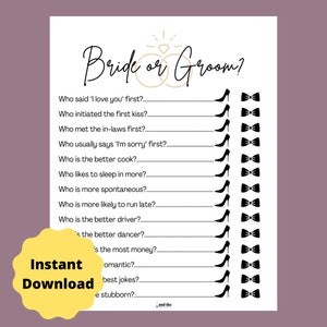 Bridal Shower Games Printable Instant Download Who Knows The Bride and Groom Best