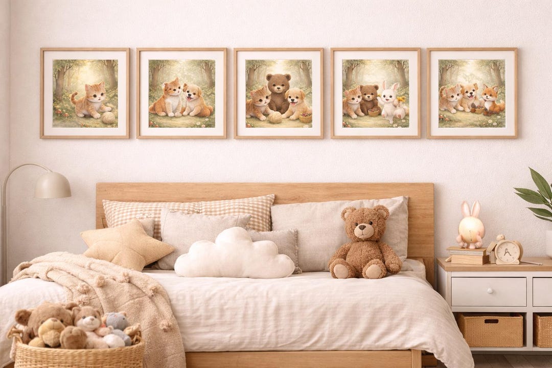 Forest Friends Wall Art Set – 5 Cute Woodland Animal Prints – Nursery ...