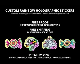 Custom Die Cut Holographic Stickers | Rainbow Vinyl | UV | Premium Vinyl Waterproof Stickers | Vibrant Colors | Durable | Fast Turnaround