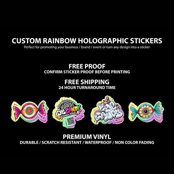 Custom Die Cut Holographic Stickers | Rainbow Vinyl | UV | Premium Vinyl Waterproof Stickers | Vibrant Colors | Durable | Fast Turnaround