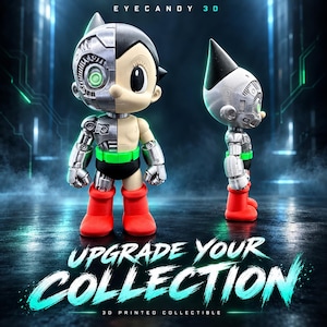 May include: A 3D printed collectible figure of a character with a half-flesh, half-mechanical head and body. The figure features a black hair style, silver metallic mechanical details, a green belt, black trunks, and red boots. Text reads EYECANDY 3D and UPGRADE YOUR COLLECTION.