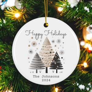 Personalized Happy Holidays Christmas Tree Custom Name Ceramic Ornament, Custom Holiday Ornament, Cute Family Ornament