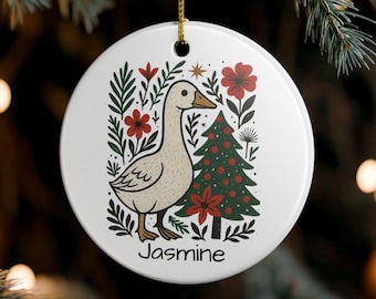 パーソナライズされたグースのクリスマスオーナメント、おどけたボヘミアンフローラルグース