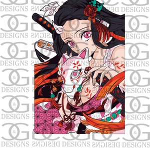 May include: A digital illustration of a female anime character with long black hair, wearing a pink and red kimono with a white fox mask. She is holding a sword in her right hand and the mask in her left hand.