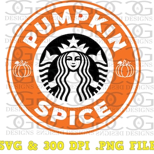 May include: Orange and black graphic with the text "Pumpkin Spice" in a circle. The graphic features a stylized mermaid with a crown and two pumpkins.