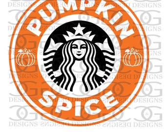 May include: Orange and black graphic with the text "Pumpkin Spice" in a circle. The graphic features a stylized mermaid with a crown and two pumpkins.