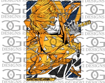 Puede incluir: Una ilustración digital de un personaje de anime amarillo y negro con el texto "Zenitsu" y "Kimetsu no Yaiba" en la imagen. El personaje sostiene una espada y tiene una expresión decidida en su rostro.