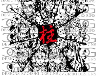 Puede incluir: Ilustración en blanco y negro de personajes de anime con un carácter japonés rojo en el centro. Los personajes están rodeados de pintura negra salpicada.