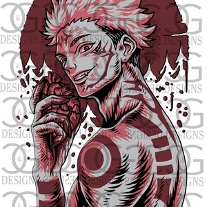May include: Digital illustration of a character with red and gray tones, holding a heart. The image features a detailed design with a dark red background and the text "SVG & PNG File" in yellow.