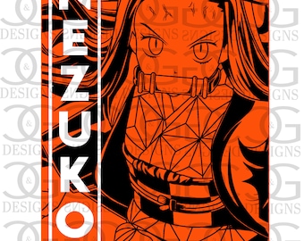 Puede incluir: Una ilustración digital de Nezuko Kamado del anime Demon Slayer. Lleva un kimono de cuadros rojos y negros con un protector de boca negro. El fondo es naranja y el texto "NEZUKO" está en un rectángulo negro.