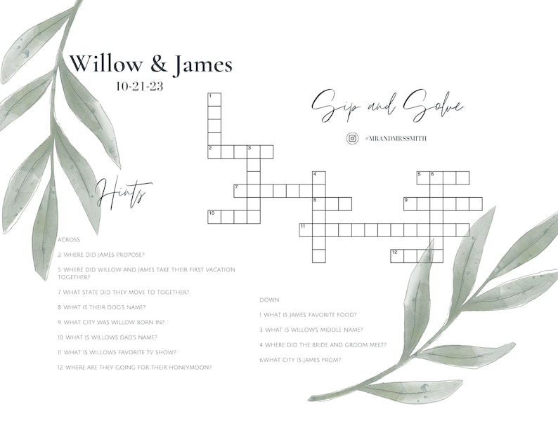 Custom Engagement Party Crossword Puzzle Wedding Crossword Bridal