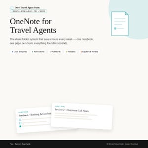 May include: A digital OneNote template for travel agents featuring a client folder system. The layout includes sections for leads, active clients, past clients, templates, and suppliers, with sample pages for discovery calls and booking confirmations.