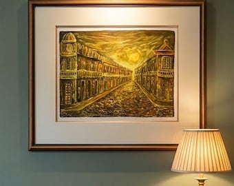 Original Impasto-Malerei Expressionistische Goldstadtlandschaft Straßenszene Kunst von Ariadna Alvarez, Vincent van Gogh Style New Orleans Wall Decor