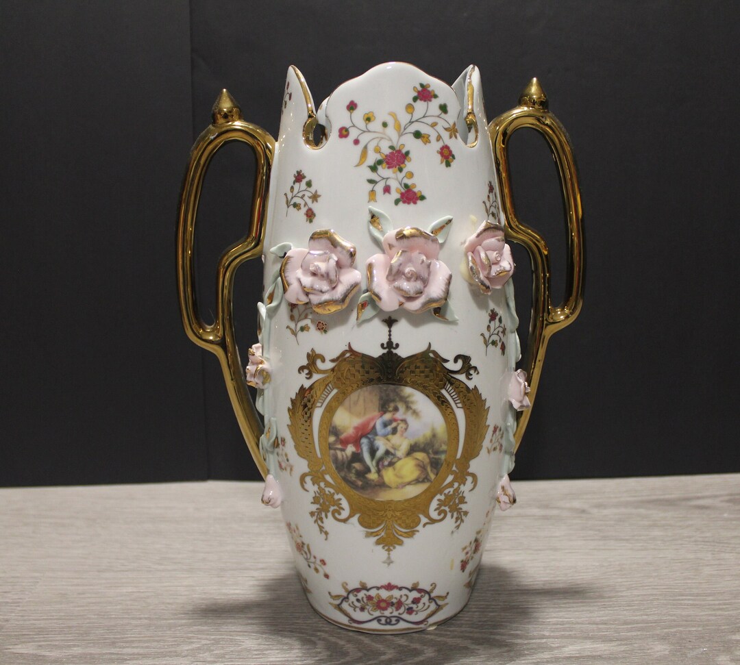 Limoges Castel Vase in French Fragonardstyle Romantic Decoration and