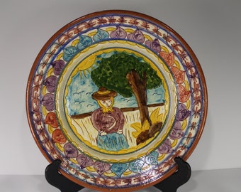 Vintage Portuguese Art Pottery Plate: Handmade Farm Scene Decor (12 inch)