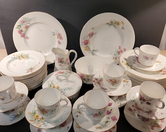 Antikes Royal Worcester Tee-Set: Handbemalte Wildblumen-Porzellan, 39-teilig, c.1880er Jahre