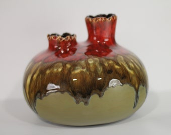 Mid-Century Germany Volcano Lava Drip Glaze double opening Pottery Vase Signed “Sh8”