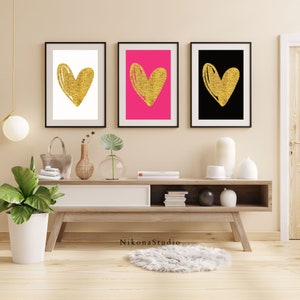 Heart wall art love wall art funky art eclectic wall art gold heart glitter prints chic wall art