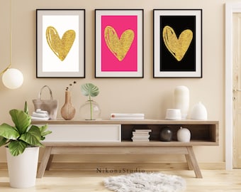 Gold Glitter Heart Wall Art Prints: Eclectic Set of 3 (Digital Download)