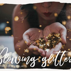May include: A person blowing gold glitter from their hands. The image has a watercolor effect and the text "Blowing glitter PHOTO OVERLAYS" is at the bottom.