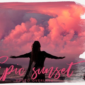 May include: A silhouette of a person with arms outstretched against a vibrant pink and orange sunset sky with fluffy clouds. The text "Epic sunset" is written in pink cursive script below the person.
