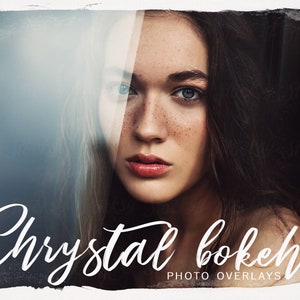 Puede incluir: El rostro de una mujer está parcialmente oscurecido por una línea vertical blanca borrosa. Su cabello es largo y oscuro, y está mirando directamente a la cámara. El texto "Crystal bokeh PHOTO OVERLAYS" está escrito en letras blancas en cursiva en la parte inferior de la imagen.