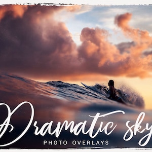 May include: A dramatic sky photo overlay with a surfer riding a wave. The sky is a vibrant orange and pink with fluffy clouds. The overlay is perfect for adding a dramatic touch to your photos.